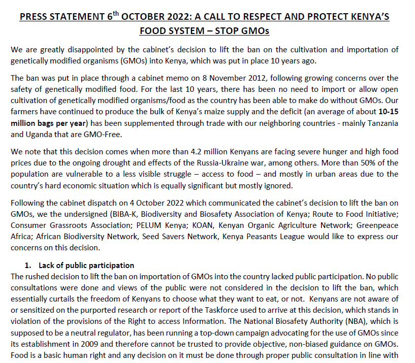 Press Statement A Call to Respect and Protect Kenyas Food Systems Stop GMOs